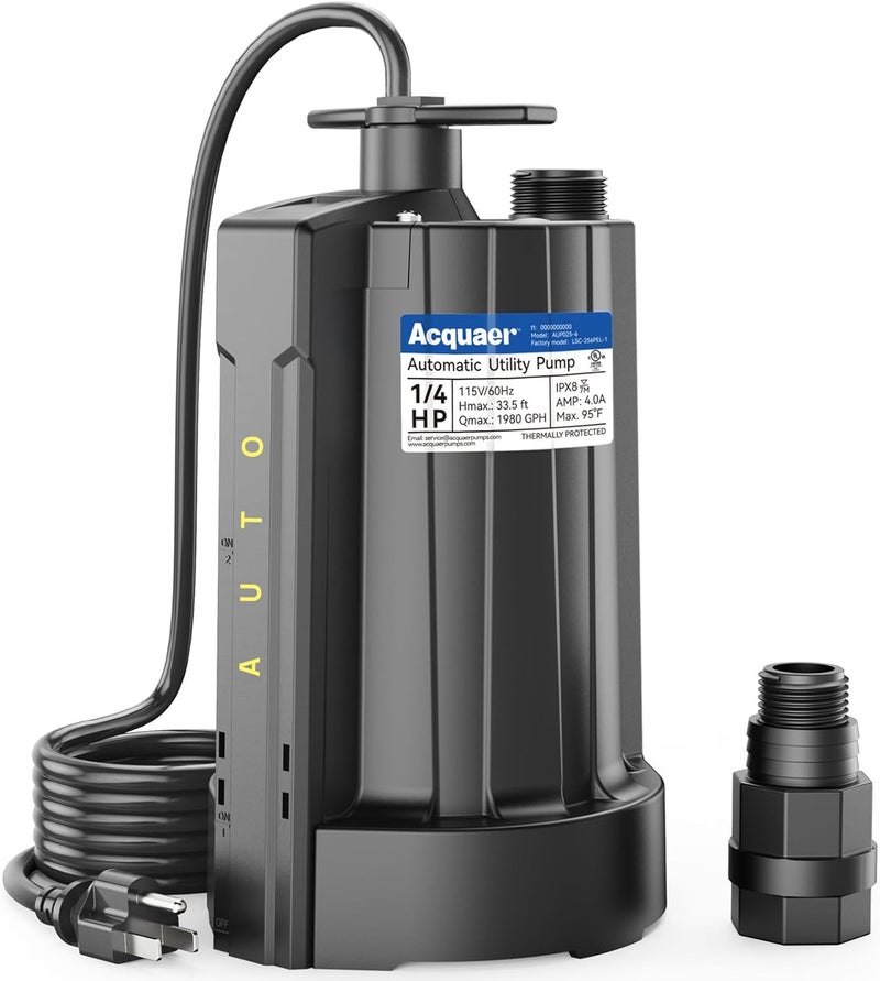 Acquaer 1/4 HP Automatic Sump Pump, 115V Submersible Water Pump with 3/4” Garden Hose Check Valve Adapter,1980 GPH High Flow Water Removal for Swimming Pool Cover Hot Tubs Flooded House Basement - Image 1
